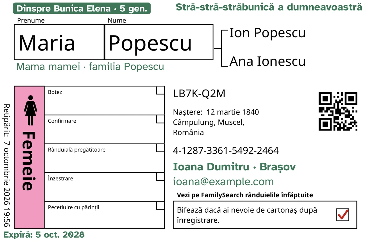 Exemplu de față a unui cartonaș, după TempleKit, pentru o persoană inventată, Maria Popescu. Adăugate cu verde: eticheta „Dinspre Bunica Elena · 5 gen.”, „Stră-stră-străbunică a dumneavoastră” în dreapta sus, „Mama mamei · familia Popescu” sub nume, rândul de contact „Ioana Dumitru · Brașov” și „Expiră: 5 oct. 2028”. Caseta Femeie este colorată în roz, iar căsuța de returnare are o bifă roșie. Tot restul este tipăritura FamilySearch.