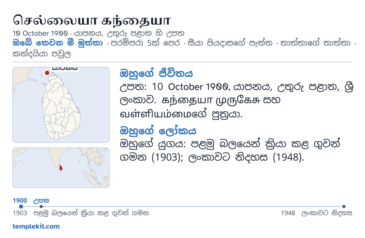 එම නිර්මිත පිරිමියාම සඳහා උදාහරණ කාඩ්පතක පිටුපස: ඔහුගේ නම, උපන් දිනය සහ ස්ථානය, “ඔබේ තෙවන මී මුත්තා · පරම්පරා 5ක් පෙර · සීයා පියදාසගේ පැත්ත · තාත්තාගේ තාත්තා · කන්දයියා පවුල”, යාපනය සලකුණු කළ සිතියමක් සහ පුළුල් කලාපයේ කුඩා සිතියමක්, “ඔහුගේ ජීවිතය” සහ “ඔහුගේ ලෝකය” යටතේ කෙටි සටහන්, 1900 සිට 1948 දක්වා කාලරේඛාවක්, සහ templekit.com.