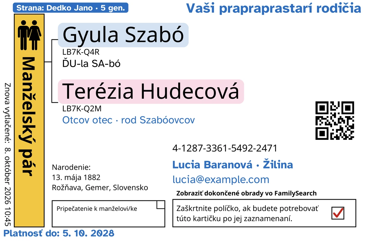 Ukážka prednej strany karty manželského páru (pripečatenie k manželskému partnerovi) po úprave v TempleKit pre vymyslených manželov, Gyula Szabó a Terézia Hudecová. Modrou je doplnené: štítok „Strana: Dedko Jano · 5 gen.“, „Vaši prapraprastarí rodičia“ vpravo hore, „Otcov otec · rod Szabóovcov“ pod menami, kontaktný riadok „Lucia Baranová · Žilina“ a „Platnosť do: 5. 10. 2028“. Čiernou je doplnené, ako sa vyslovuje každé meno, počnúc „ĎU-la SA-bó“. Políčko „Manželský pár“ je vyfarbené zlatou, každé meno je jemne podfarbené a políčko na vrátenie má červenú značku. Všetko ostatné vytlačil sám FamilySearch.