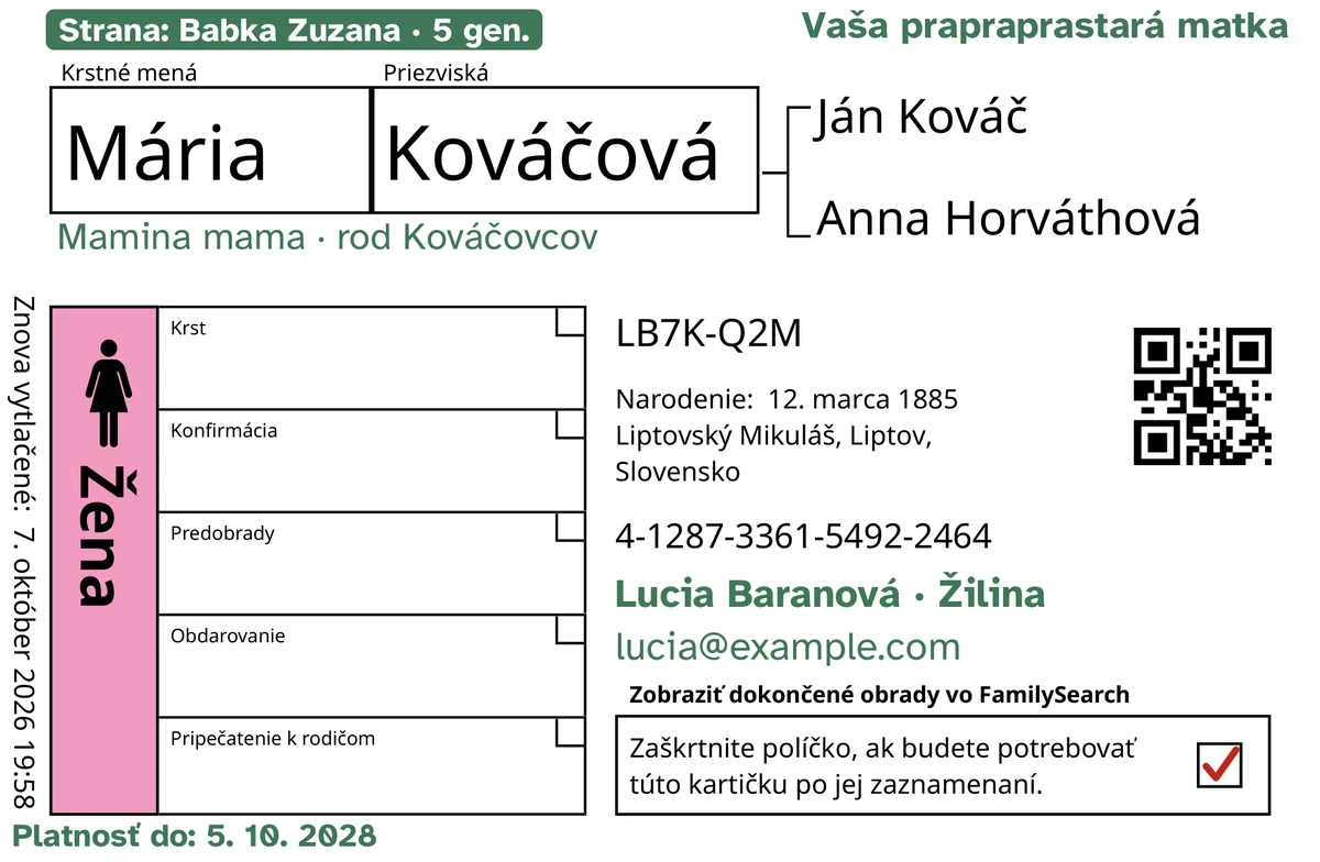 Ukážka prednej strany karty po úprave v TempleKit pre vymyslenú osobu, Mária Kováčová. Zelenou je doplnené: štítok „Strana: Babka Zuzana · 5 gen.“, „Vaša prapraprastará matka“ vpravo hore, „Mamina mama · rod Kováčovcov“ pod menom, kontaktný riadok „Lucia Baranová · Žilina“ a „Platnosť do: 5. 10. 2028“. Políčko „Žena“ je vyfarbené ružovou a políčko na vrátenie má červenú značku. Všetko ostatné vytlačil sám FamilySearch.