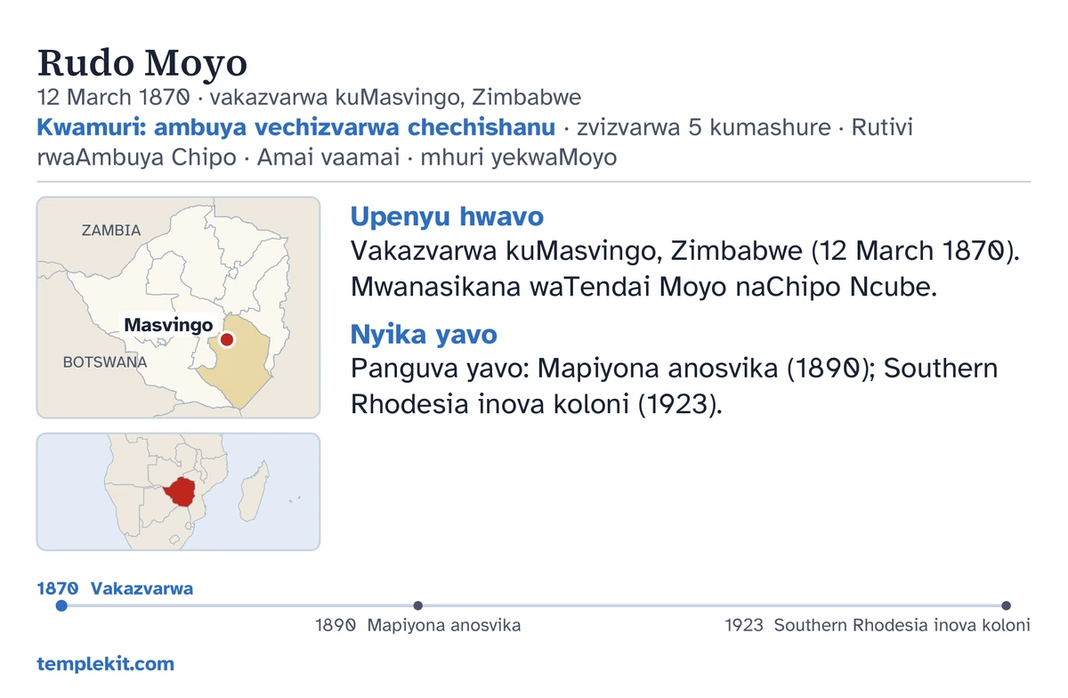 Muenzaniso wekumashure kwekadhi remunhu mumwe chete asipo: zita rake, zuva nenzvimbo yekuzvarwa, “Kwamuri: ambuya vechizvarwa chechishanu · zvizvarwa 5 kumashure · Rutivi rwaAmbuya Chipo · Amai vaamai · mhuri yekwaMoyo”, mepu inoratidza Masvingo nemepu duku yenharaunda yose yakapoteredza, zvinyorwa zvipfupi pasi pe“Upenyu hwavo” ne“Nyika yavo”, nhevedzano yenguva kubva 1870 kusvika 1923, ne templekit.com.