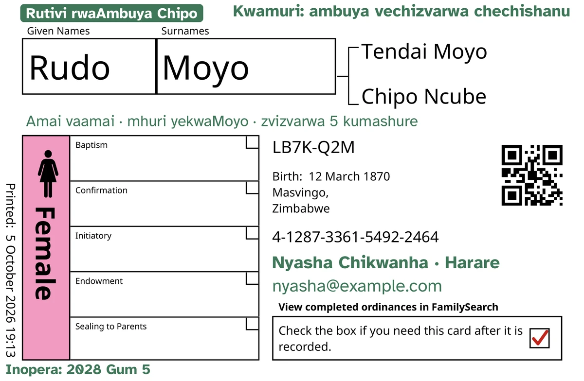 Muenzaniso wekumberi kwekadhi, mushure meTempleKit, remunhu asipo, Rudo Moyo. Zvakawedzerwa negirinhi: chiratidzo “Rutivi rwaAmbuya Chipo · zvizvarwa 5”, “Kwamuri: ambuya vechizvarwa chechishanu” kumusoro kurudyi, “Amai vaamai · mhuri yekwaMoyo” pasi pezita, mutsetse wekubata “Nyasha Chikwanha · Harare”, uye “Inopera: 2028 Gum 5”. Bhokisi rinoti “Female” rakazadzwa nepinki uye bhokisi rekudzosa rine mucherechedzo mutsvuku. Zvimwe zvose kudhinda kweFamilySearch pachayo.