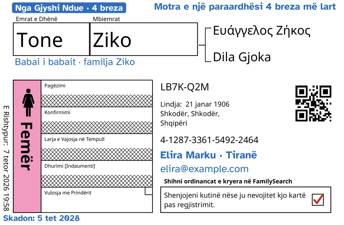 Shembull i anës së përparme të një karte, pas TempleKit, për një vajzë të shpikur që vdiq e vogël, Tone Ziko: vetëm vulosja me prindërit është e hapur, dhe FamilySearch ka fshirë me vizë katër rreshtat e tjerë. Të shtuara me blu: etiketa “Nga Gjyshi Ndue · 4 breza”, “Motra e një paraardhësi 4 breza më lart” lart djathtas, “Babai i babait · familja Ziko” poshtë emrit, rreshti i kontaktit “Elira Marku · Tiranë” dhe “Skadon: 5 tet 2028”. Kutia Femër është ngjyrosur rozë dhe kutia e kthimit ka një shenjë të kuqe. Gjithçka tjetër është printimi i vetë FamilySearch.