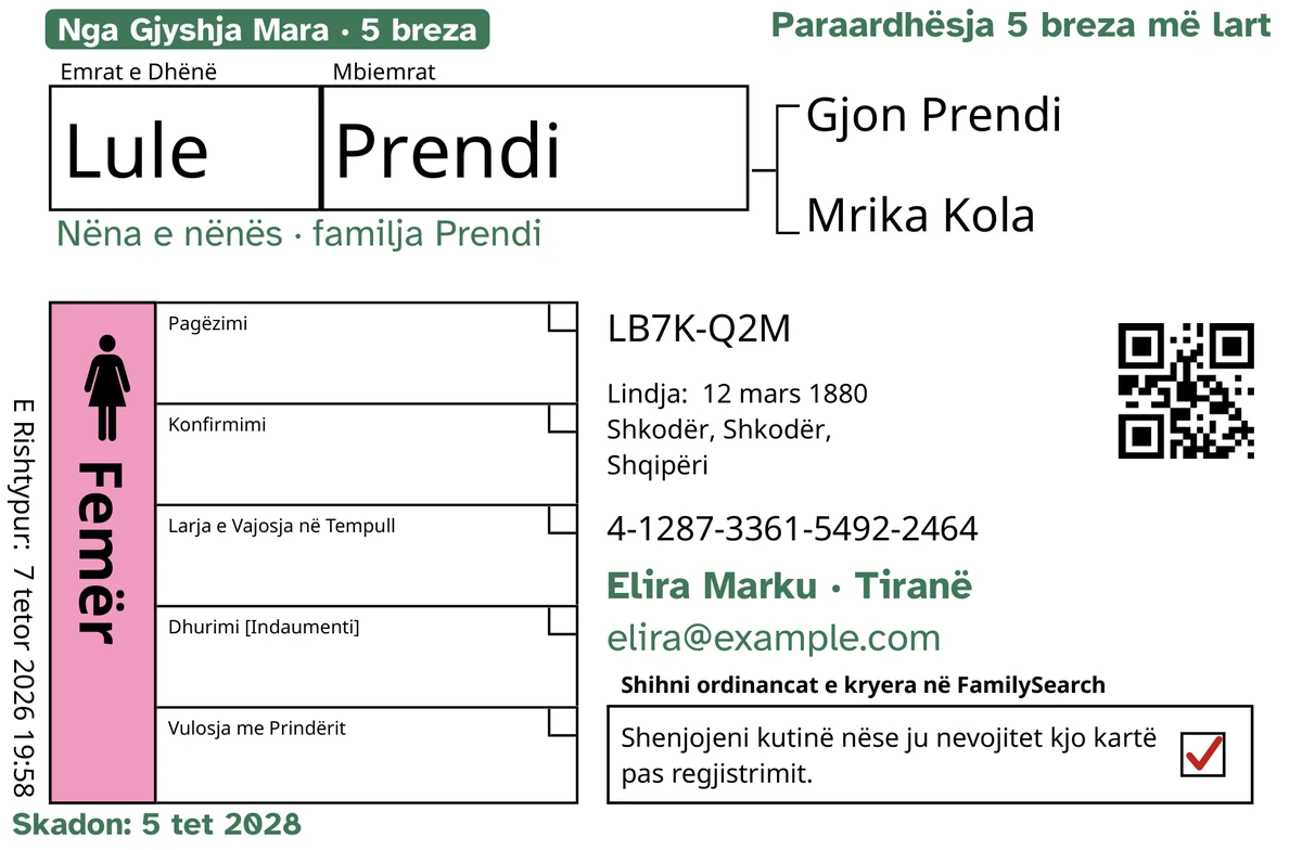 Shembull i anës së përparme të një karte, pas TempleKit, për një person të shpikur, Lule Prendi. Të shtuara me jeshile: etiketa “Nga Gjyshja Mara · 5 breza”, “Paraardhësja 5 breza më lart” lart djathtas, “Nëna e nënës · familja Prendi” poshtë emrit, rreshti i kontaktit “Elira Marku · Tiranë” dhe “Skadon: 5 tet 2028”. Kutia Femër është ngjyrosur rozë dhe kutia e kthimit ka një shenjë të kuqe. Gjithçka tjetër është printimi i vetë FamilySearch.