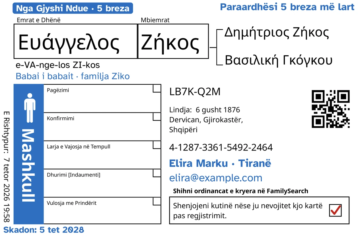 Shembull i anës së përparme të një karte, pas TempleKit, për një burrë të shpikur, Ευάγγελος Ζήκος. Të shtuara me blu: etiketa “Nga Gjyshi Ndue · 5 breza”, “Paraardhësi 5 breza më lart” lart djathtas, “Babai i babait · familja Ziko” poshtë emrit, rreshti i kontaktit “Elira Marku · Tiranë” dhe “Skadon: 5 tet 2028”. Shtuar me të zezë: si shqiptohet emri, “e-VA-nge-los ZI-kos”. Kutia Mashkull është ngjyrosur blu dhe kutia e kthimit ka një shenjë të kuqe. Gjithçka tjetër është printimi i vetë FamilySearch.