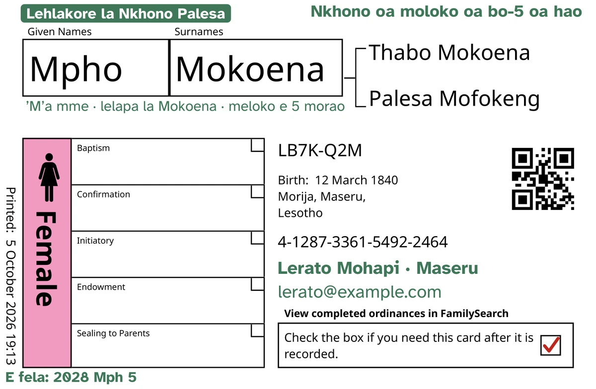 Mohlala oa karolo e ka pele ea karete, ka mor’a TempleKit, bakeng sa motho ea iqapetsoeng, Mpho Mokoena. Tse kentsoeng ka botala: letšoao “Lehlakore la Nkhono Palesa · meloko e 5”, “Nkhono oa moloko oa bo-5 oa hao” ka holimo ka ho le letona, “’M’a mme · lelapa la Mokoena” ka tlas’a lebitso, mola oa ho ikopanya “Lerato Mohapi · Maseru” le “E fela: 2028 Mph 5”. Lebokose la Female le tlatsitsoe ka pinki ’me lebokose la ho khutlisa le na le letšoao le lefubelu. Tse ling kaofela ke khatiso ea FamilySearch ka boeona.