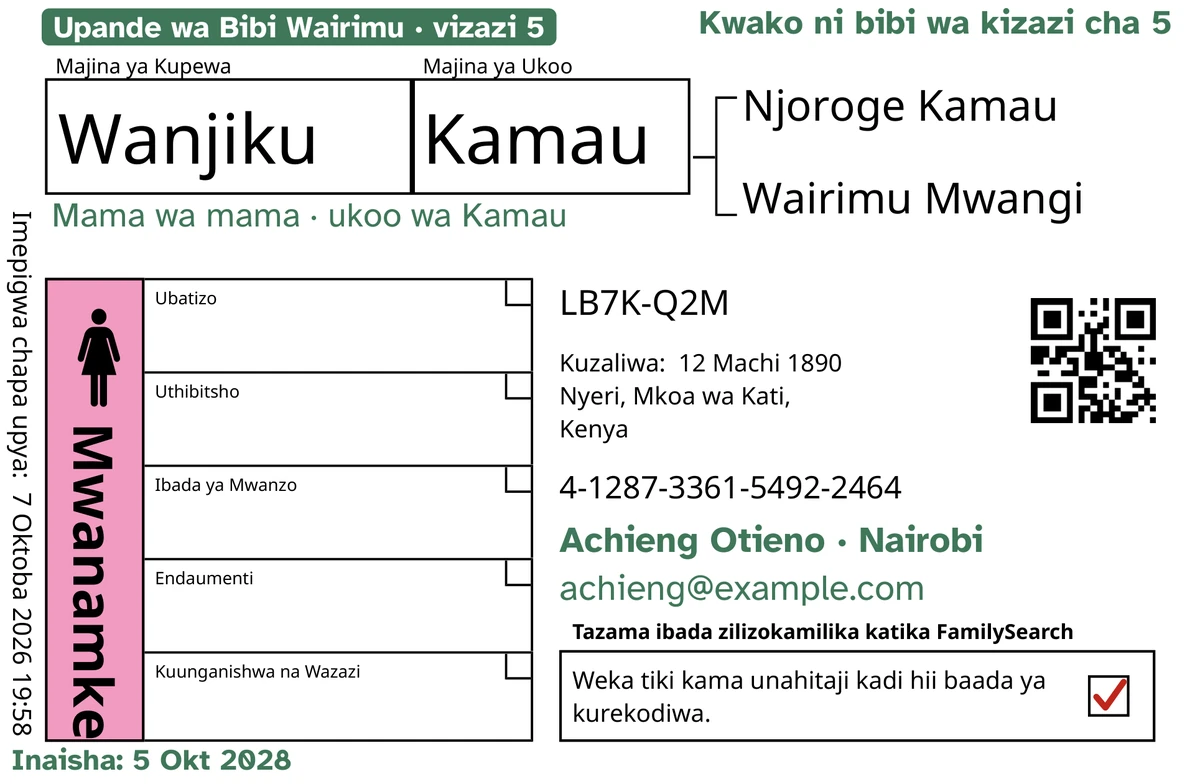 Mfano wa upande wa mbele wa kadi, baada ya TempleKit, kwa mtu wa kubuni, Wanjiku Kamau. Yaliyoongezwa kwa kijani: lebo “Upande wa Bibi Wairimu · vizazi 5”, “Kwako ni bibi wa kizazi cha 5” juu upande wa kulia, “Mama wa mama · ukoo wa Kamau” chini ya jina, mstari wa mawasiliano “Achieng Otieno · Nairobi”, na “Inaisha: 5 Okt 2028”. Kisanduku cha Mwanamke kimejazwa rangi ya waridi na kisanduku cha kurudisha kina alama nyekundu ya vema. Kila kitu kingine ni uchapishaji wa FamilySearch yenyewe.