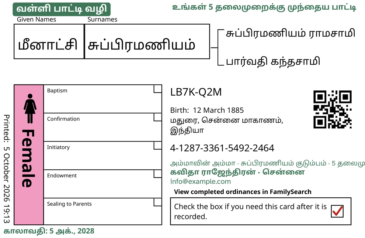 TempleKit பயன்படுத்திய பிறகு, கற்பனையான ஒரு பெண்ணுக்கான (மீனாட்சி சுப்பிரமணியம்) மாதிரி அட்டையின் முன்பக்கம். பச்சையில் சேர்க்கப்பட்டவை: “வள்ளி பாட்டி வழி · 5 தலைமுறை” என்ற குறிச்சீட்டு, மேல் வலப்பக்கத்தில் “உங்கள் 5 தலைமுறைக்கு முந்தைய பாட்டி”, பெயருக்குக் கீழே “அம்மாவின் அம்மா · சுப்பிரமணியம் குடும்பம்”, “கவிதா ராஜேந்திரன் · சென்னை” என்ற தொடர்பு வரி, “காலாவதி: 5 அக்., 2028”. Female பெட்டி இளஞ்சிவப்பால் நிரப்பப்பட்டுள்ளது; திருப்பித் தரும் பெட்டியில் சிவப்புக் குறி உள்ளது. மற்ற அனைத்தும் FamilySearch-இன் சொந்த அச்சு.