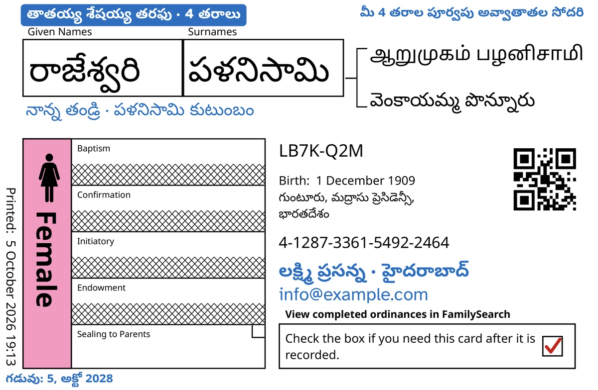 TempleKit తర్వాత, చిన్న వయస్సులోనే మరణించిన కల్పిత బాలిక రాజేశ్వరి పళనిసామి కోసం ఉదాహరణ కార్డు ముందు వైపు: తల్లిదండ్రులకు ముద్రవేయుట మాత్రమే తెరిచి ఉంది, మిగతా నాలుగు వరుసలను FamilySearch కొట్టివేసింది. నీలం రంగులో చేర్చినవి: ట్యాగ్ “తాతయ్య శేషయ్య తరఫు · 4 తరాలు”, పైన కుడి వైపు “మీ 4 తరాల పూర్వపు అవ్వాతాతల సోదరి”, పేరు కింద “నాన్న తండ్రి · పళనిసామి కుటుంబం”, సంప్రదింపు లైన్ “లక్ష్మి ప్రసన్న · హైదరాబాద్”, “గడువు: 5, అక్టో 2028”. Female పెట్టె గులాబీ రంగుతో నింపబడింది, తిరిగి ఇచ్చే పెట్టెలో ఎరుపు టిక్ ఉంది. మిగతాదంతా FamilySearch స్వంత ప్రింటింగ్.