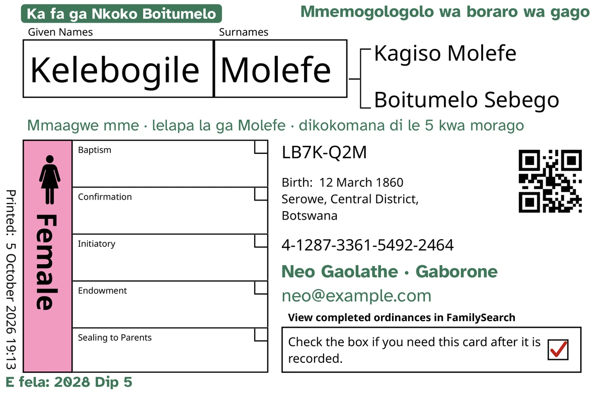 Sekai sa ka fa pele ga karata, morago ga TempleKit, sa motho wa boitlhamedi, Kelebogile Molefe. Tse di okeditsweng ka botala: leitswao “Ka fa ga Nkoko Boitumelo · dikokomana di le 5”, “Mmemogologolo wa boraro wa gago” kwa godimo ka fa mojeng, “Mmaagwe mme · lelapa la ga Molefe” ka fa tlase ga leina, mola wa kgolagano “Neo Gaolathe · Gaborone”, le “E fela: 2028 Dip 5”. Lebokoso la “Female” le tladitswe ka pinki mme lebokoso la go busediwa le na le tshwao e khibidu. Tse dingwe tsotlhe ke kgatiso ya FamilySearch ka boyone.