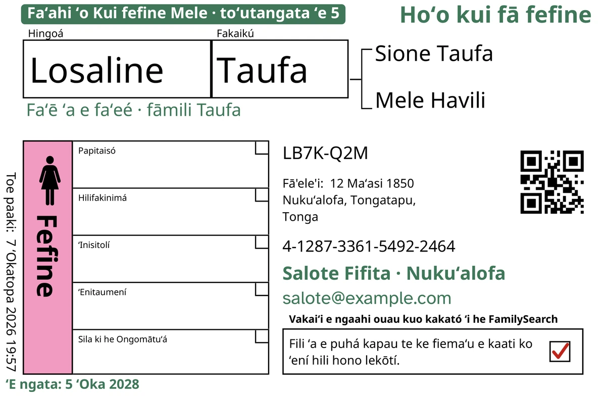 Fakatātā ʻo e mata ʻo ha kaati, hili hono ngāueʻi ʻe he TempleKit, maʻá ha tokotaha fakatupu, ko Losaline Taufa. Kuo tānaki ʻi he lanu mata: ko e fakaʻilonga “Faʻahi ʻo Kui fefine Mele · toʻutangata ʻe 5”, ko e “Hoʻo kui fā fefine” ʻi ʻolunga ʻi toʻomataʻu, ko e “Faʻē ʻa e faʻeé · fāmili Taufa” ʻi lalo ʻi he hingoá, ko e laine fetuʻutaki “Salote Fifita · Nukuʻalofa” mo e “ʻE ngata: 5 ʻOka 2028”. Kuo fakafonu ʻa e puha Fefine ʻaki ʻa e lanu kulokula vaivai pea ʻoku ʻi ai ha fakaʻilonga kulokula ʻi he puha toe fakafokí. Ko e meʻa kotoa kehe ko e paaki pē ʻa e FamilySearch.