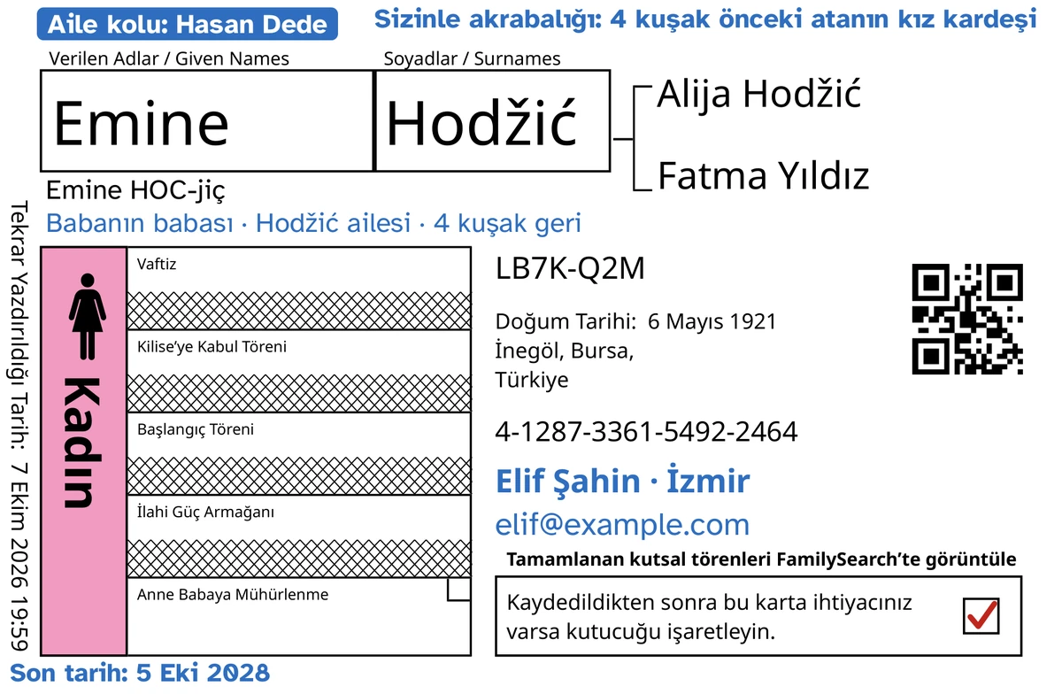 TempleKit’ten geçtikten sonra, küçük yaşta vefat etmiş hayalî bir kız çocuğu olan Emine Hodžić için örnek kart ön yüzü: yalnızca Anne Babaya Mühürlenme açık; FamilySearch diğer dört satırın üstünü çizmiş. Maviyle eklenenler: “Aile kolu: Hasan Dede · 4 kuşak” etiketi, sağ üstte “Sizinle akrabalığı: 4 kuşak önceki atanın kız kardeşi”, ismin altında “Babanın babası · Hodžić ailesi”, “Elif Şahin · İzmir” iletişim satırı ve “Son tarih: 5 Eki 2028”. Siyahla eklenen: ismin okunuşu, “Emine HOC-jiç”. Kadın kutusu pembeyle doldurulmuş ve iade kutusunda kırmızı bir işaret var. Geri kalan her şey FamilySearch’ün kendi baskısıdır.