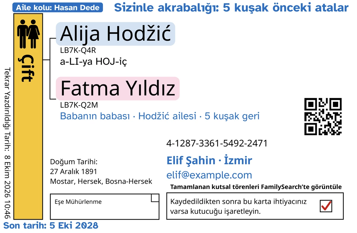 TempleKit’ten geçtikten sonra, hayalî bir karı koca olan Alija Hodžić ve Fatma Yıldız için örnek çift kartı ön yüzü (eşe mühürlenme). Maviyle eklenenler: “Aile kolu: Hasan Dede · 5 kuşak” etiketi, sağ üstte “Sizinle akrabalığı: 5 kuşak önceki atalar”, isimlerin altında “Babanın babası · Hodžić ailesi”, “Elif Şahin · İzmir” iletişim satırı ve “Son tarih: 5 Eki 2028”. Siyahla eklenen: her ismin okunuşu, “a-LI-ya HOJ-iç” ile başlayarak. Çift kutusu altın sarısıyla doldurulmuş, her ismin arkasında yumuşak bir renk bulunuyor ve iade kutusunda kırmızı bir işaret var. Geri kalan her şey FamilySearch’ün kendi baskısıdır.
