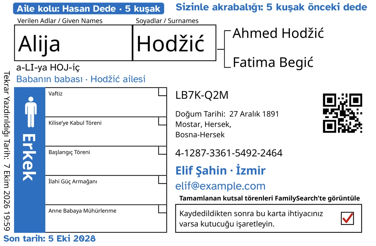 TempleKit’ten geçtikten sonra, hayalî bir erkek olan Alija Hodžić için örnek kart ön yüzü. Maviyle eklenenler: “Aile kolu: Hasan Dede · 5 kuşak” etiketi, sağ üstte “Sizinle akrabalığı: 5 kuşak önceki dede”, ismin altında “Babanın babası · Hodžić ailesi”, “Elif Şahin · İzmir” iletişim satırı ve “Son tarih: 5 Eki 2028”. Siyahla eklenen: ismin okunuşu, “a-LI-ya HOJ-iç”. Erkek kutusu maviyle doldurulmuş ve iade kutusunda kırmızı bir işaret var. Geri kalan her şey FamilySearch’ün kendi baskısıdır.