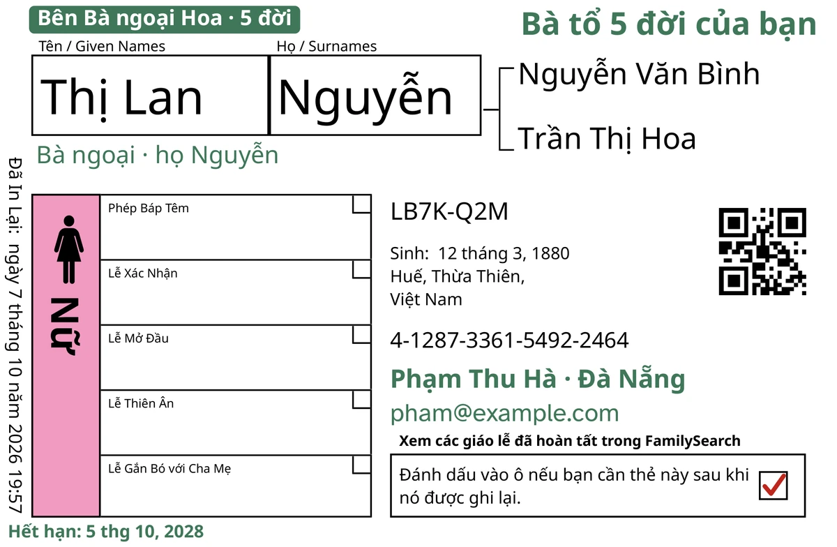 Ví dụ mặt trước của một tấm thẻ sau khi qua TempleKit, cho một người không có thật, Thị Lan Nguyễn. Thêm vào bằng chữ màu xanh lá: nhãn “Bên Bà ngoại Hoa · 5 đời”, “Bà tổ 5 đời của bạn” ở góc trên bên phải, “Bà ngoại · họ Nguyễn” dưới tên, dòng liên lạc “Phạm Thu Hà · Đà Nẵng” và “Hết hạn: 5 thg 10, 2028”. Ô Nữ được tô màu hồng và ô gửi trả có dấu đánh màu đỏ. Mọi thứ khác là phần in của chính FamilySearch.
