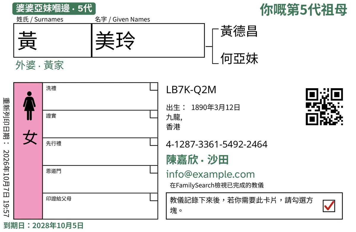 經 TempleKit 處理後嘅卡正面範例,卡上係一個虛構人物:黃美玲。用綠色加上嘅有:標籤「婆婆亞妹嗰邊 · 5代」、右上角嘅「你嘅第5代祖母」、名下面嘅「外婆 · 黃家」、聯絡資料「陳嘉欣 · 沙田」,仲有「到期日:2028年10月5日」。「女」格填咗粉紅色,交還格有一個紅色剔號。其他全部都係 FamilySearch 原本打印嘅內容。