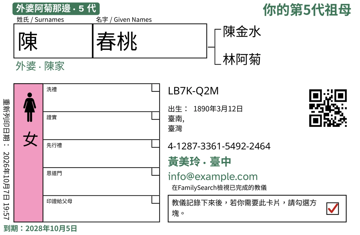 卡片正面範例,經過 TempleKit 處理,對象是一位虛構的人物,名叫陳春桃。以綠色加上的有:標籤「外婆阿菊那邊 · 5 代」、右上角的「你的第5代祖母」、名字下方的「外婆 · 陳家」、聯絡資料「黃美玲 · 臺中」,還有「到期:2028年10月5日」。「女」方框填上了粉紅色,退回方框打了紅色的勾。其他都是 FamilySearch 原本印的。
